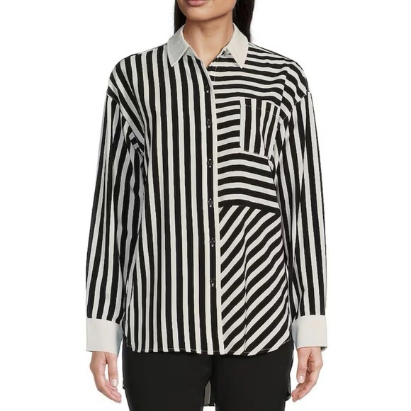 Karl Lagerfeld Long Sleeve Blouse Black White Striped Large Women Shirt - Picture 2 of 8